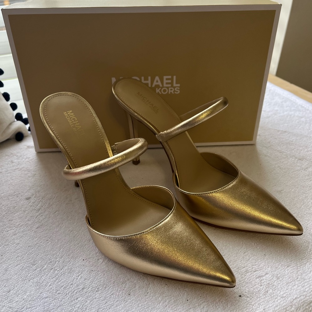 Michael Kors Gold Heels with Pointed Toe and Slim Strap